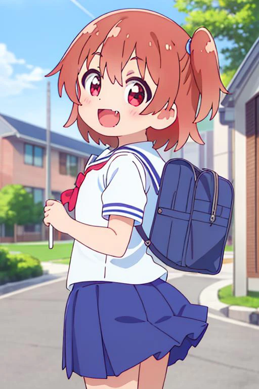 ultra detail,best quality,masterpiece, 1girl, hinata_hoshino_watashinitenshigamaiorita <lora:hinata_hoshino_watashinitenshigamaiorita:0.7>petite,fang,school uniform,randoseru,from back,smile,open mouth,pretty pose