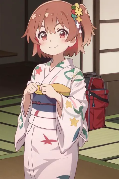 best quality, masterpiece, highres, solo, {yukata:1.40}, {kimono:1.20}, {hinata_hoshino_watashinitenshigamaiorita:1.15}, brown_hair, blush, bangs, red_eyes, short_hair, closed_mouth, smile, female_, one_side_up, hair_between_eyes, indoors