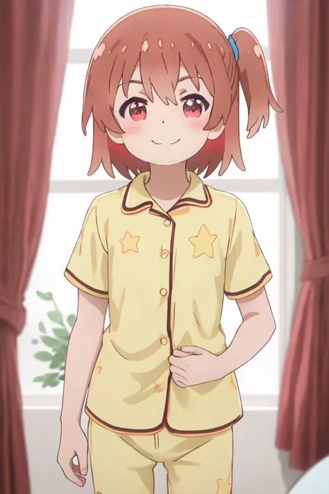 best quality, masterpiece, highres, solo, {hinata_hoshino_watashinitenshigamaiorita:1.15}, brown_hair, blush, bangs, red_eyes, short_hair, closed_mouth, smile, female_child, one_side_up, hair_between_eyes, indoors, pajamas, star_\(symbol\), star_print, upper_body, collared_shirt, shirt, buttons, split_mouth, 1girl, child, ^_^, closed_eyes, curtains, facing_viewer, window, yellow_shirt