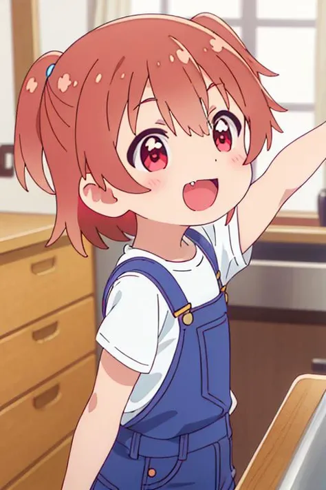 ultra detail,best quality,masterpiece, 1girl, hinata_hoshino_watashinitenshigamaiorita <lora:hinata_hoshino_watashinitenshigamaiorita:0.7>petite,fang,overall,randoseru,from back,smile,open mouth,pretty pose