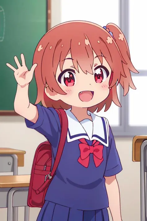 ultra detail,best quality,masterpiece, 1girl, hinata_hoshino_watashinitenshigamaiorita <lora:hinata_hoshino_watashinitenshigamaiorita:0.7>petite,fang,school uniform,randoseru,from back,smile,open mouth,pretty pose