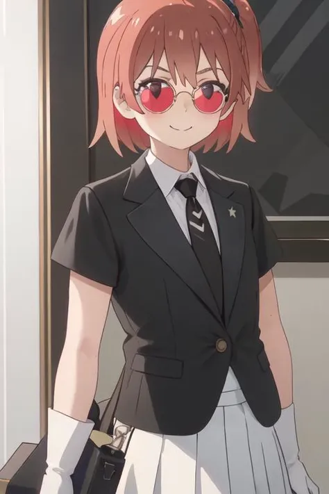 best quality, masterpiece, highres, solo, {black business suit:1.40}, {tie:1.20}, {sunglasses:1.25}, {white gloves:1.15}, {white shirt:1.10}, {black skirt:1.15}, {smoking:1.20}, handsome, {hinata_hoshino_watashinitenshigamaiorita:1.15}, brown_hair, blush, bangs, red_eyes, short_hair, closed_mouth, smile, female_child, one_side_up, hair_between_eyes, indoors