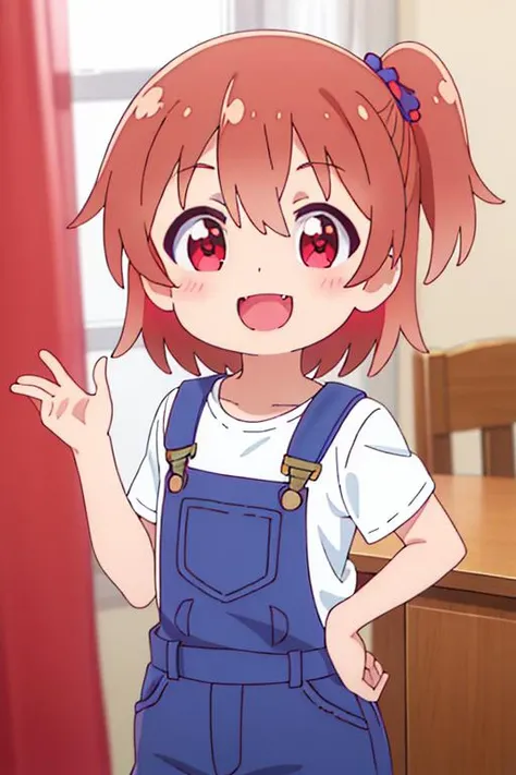 ultra detail,best quality,masterpiece, 1girl, hinata_hoshino_watashinitenshigamaiorita <lora:hinata_hoshino_watashinitenshigamaiorita:0.7>petite,fang,overall,red randoseru,from back,smile,open mouth,pretty pose