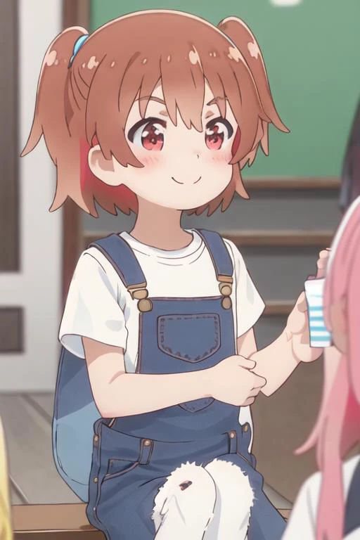 best quality, masterpiece, highres, solo, {hinata_hoshino_watashinitenshigamaiorita:1.15}, brown_hair, blush, bangs, red_eyes, short_hair, closed_mouth, smile, female_child, one_side_up, hair_between_eyes, indoors, :t, blue_sky, day, outdoors, overalls, shirt, side_ponytail, sky, solo_focus, white_shirt, 2girls, clenched_hands, cloud, multiple_girls, pout, upper_body, blurry, child, looking_at_another, short_sleeves