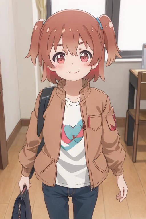 best quality, masterpiece, highres, solo, {hinata_hoshino_watashinitenshigamaiorita:1.15}, brown_hair, blush, bangs, red_eyes, short_hair, closed_mouth, smile, female_child, one_side_up, hair_between_eyes, indoors, 1girl, jacket, open_clothes, shirt, upper_body, white_shirt, looking_at_viewer, open_jacket, split_mouth, brown_jacket, bag, medium_hair