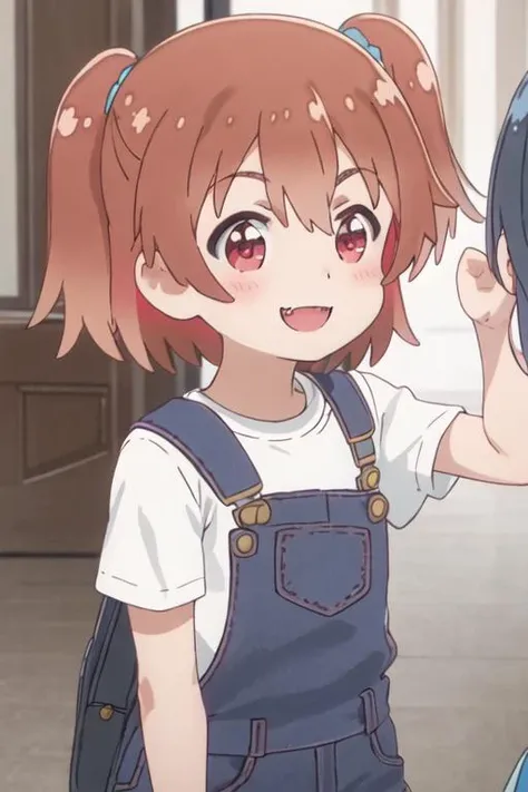 best quality, masterpiece, highres, solo, {hinata_hoshino_watashinitenshigamaiorita:1.15}, brown_hair, blush, bangs, red_eyes, short_hair, closed_mouth, smile, female_child, one_side_up, hair_between_eyes, indoors, :d, child, open_mouth, outdoors, overalls, shirt, side_ponytail, solo_focus, white_shirt, 1girl, 2girls, looking_at_viewer, short_sleeves, upper_body, fang, happy, multiple_girls