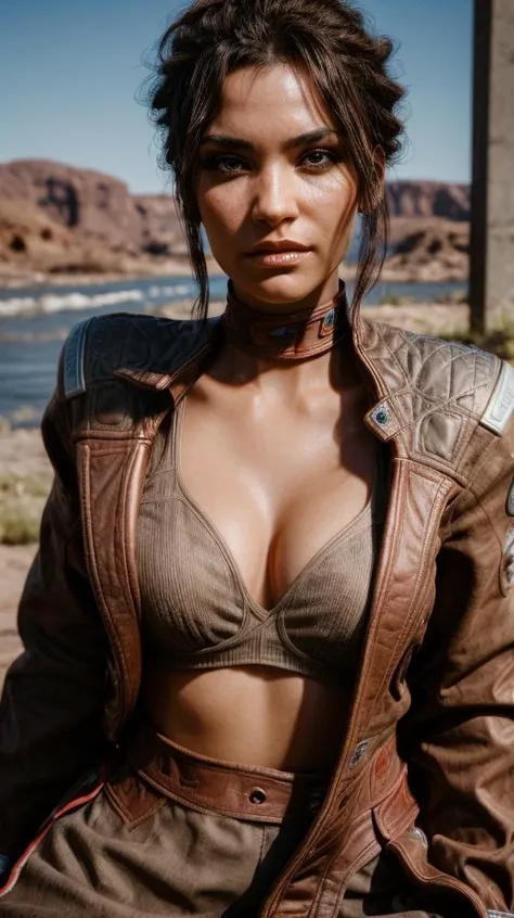 Masterpiece, 8k, realistic, stunning  photo of  pnmcp woman, cleavage, front facing towards the camera, sharp focus, natural lighting, subsurface scattering, f2, 35mm, film grain, <lora:PanamPalmerDogu2077:1>, perfect_face, perfect_eyes, charming,  <lora:more_details:1>