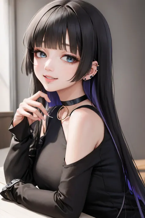 (masterpiece, best quality:1.2), solo, 1girl, pa-san, smile, looking at viewer, blunt bangs, black dress, clothing cutout, shoulder cutout, sleeves past wrists, choker <lora:bocchi_pa-san:1.0>