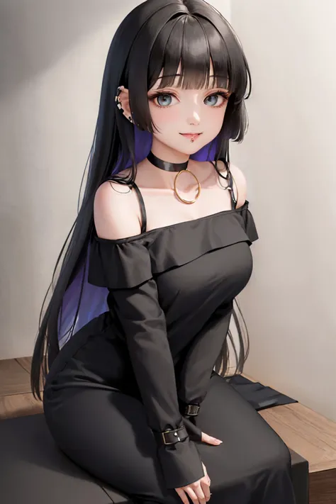 (masterpiece, best quality:1.2), solo, 1girl, pa-san, smile, looking at viewer, blunt bangs, black dress, clothing cutout, sleeves past wrists, choker, bare shoulders <lora:bocchi_pa-san:1.0>