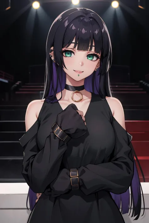 <lora:bocchi_pa-san-11:1> pa-san, blunt bangs, black dress, clothing cutout, shoulder cutout, sleeves past wrists, choker, colored inner hair, black hair, purple hair, green eyes
masterpiece, best quality, absurdres, music venue, dark, looking at viewer, smile