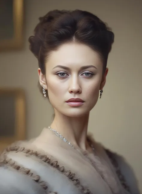 OlgaKostyantynivnaKurylenko, art by Auguste Toulmouche, portrait,close up of a Woman, Royalty, Grouchy hair styled as Layered, tilt shift, Masterpiece, Vaporpunk, key light, Albumen, <lora:OlgaKostyantynivnaKurylenkoSDXL:1>