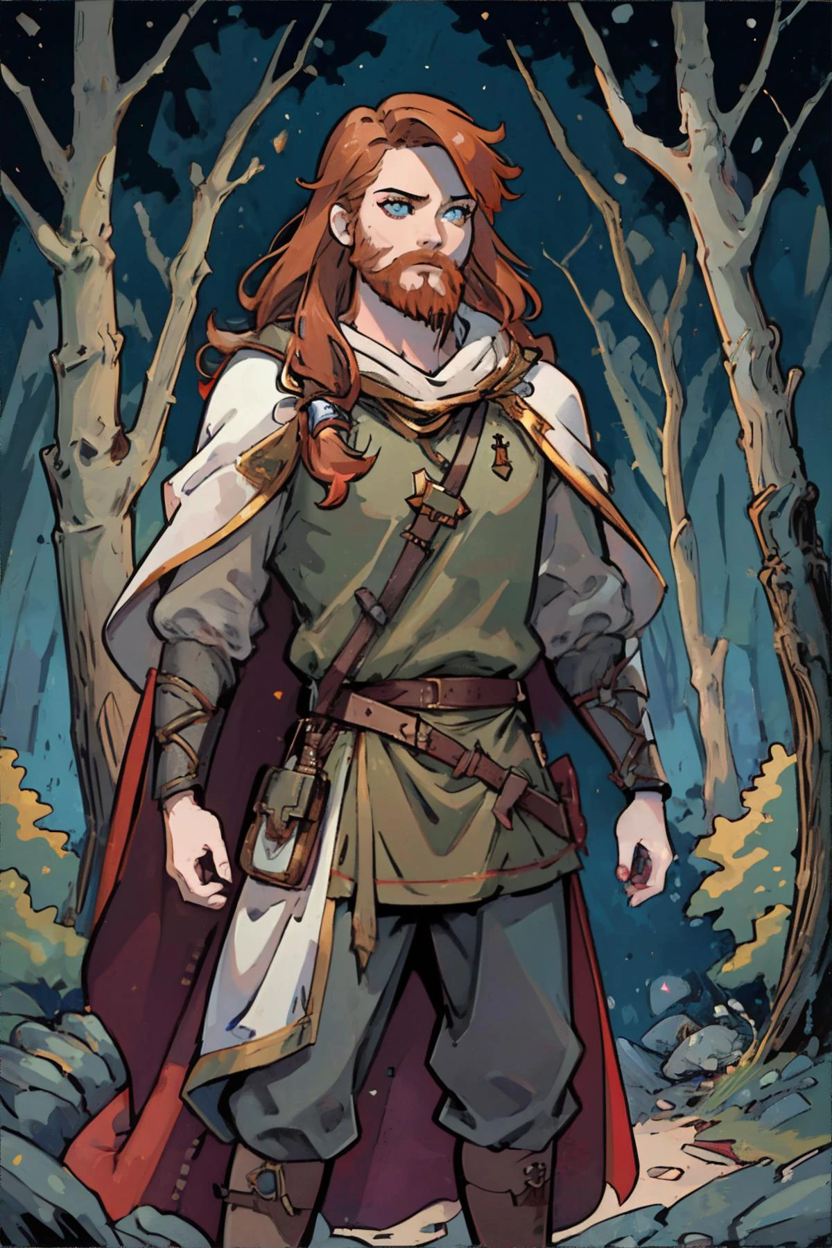 <lora:norsemensclothes:0.7>, norsemenclothes, tall redhead man in forest, beard, long hair, tunic, cloak, cape, belt, satchel, leather vambrace, pants || masterpiece, perfect quality, sharp focus, shallow depth of field, 8k