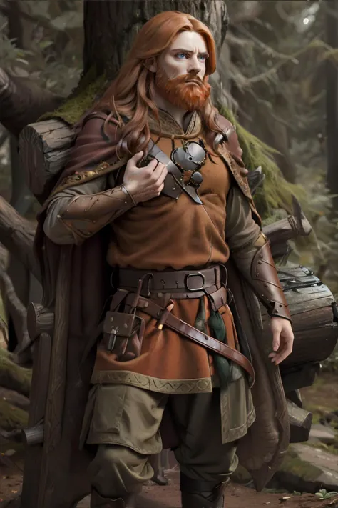<lora:norsemensclothes:0.7>, norsemenclothes, tall redhead man in forest, beard, long hair, tunic, cloak, cape, belt, satchel, leather vambrace, pants || masterpiece, perfect quality, sharp focus, shallow depth of field, 8k