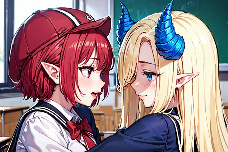 3girls, shocked, torn skirt, school uniform, transformation, aroused, head crest, head eyes, , monster girl, monsterification, horns, classroom, scales, multiple eyes, fins, tentacles, teeth, fangs, eyes on shoulders, eyes on legs, 