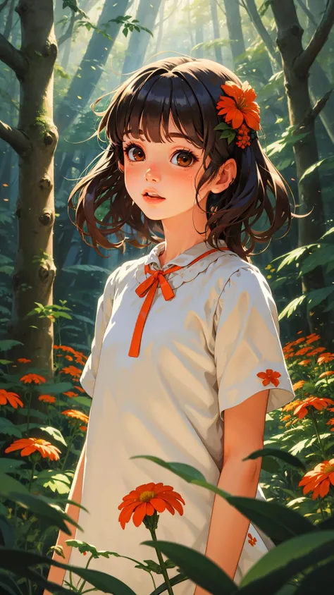 <lora:mn_20231007095334:0.9>,mn,1girl,solo,flower,nature,brown eyes,outdoors,forest,orange flower,short hair,bangs,blush,parted lips,hair ornament,dress,tree,short sleeves,black hair,white dress,plant,upper body,brown hair,day,blunt bangs,shirt,