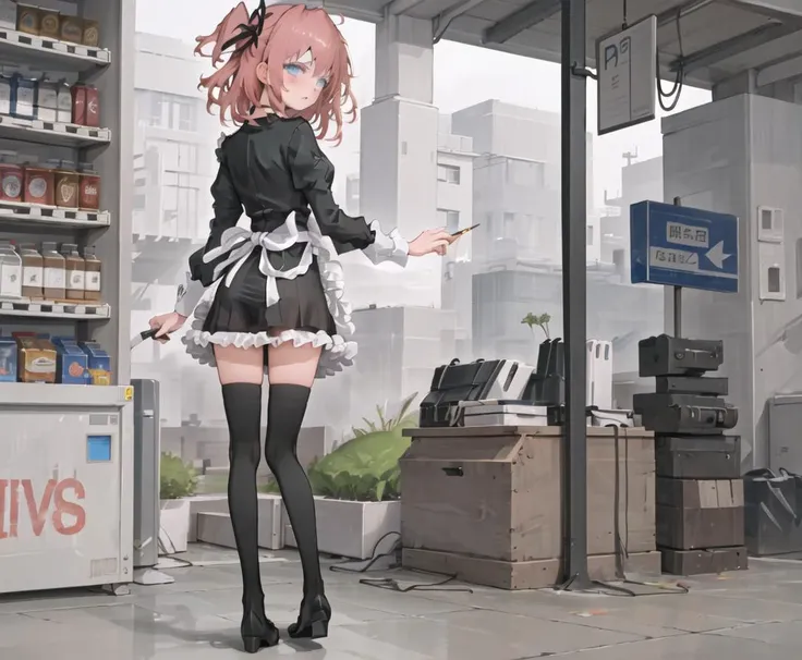 ((masterpiece,best quality)),
street,vending machine,lamppost,bench,road sign,
(1girl:1.5),(solo:1.5),from behind, walking, looking back, (rain),
blue eyes,long black sleeves,black thighhighs,
<lora:AINA-chan.V2.1:0.7>