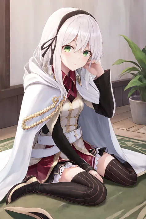 masterpiece, best quality, highres, 1girl avilia white hair green eyes, white cape white jacket belt black skirt frilled skirt striped thighhighs black thighhighs knee boots <lora:avilia:1> sitting, wariza, hand between legs