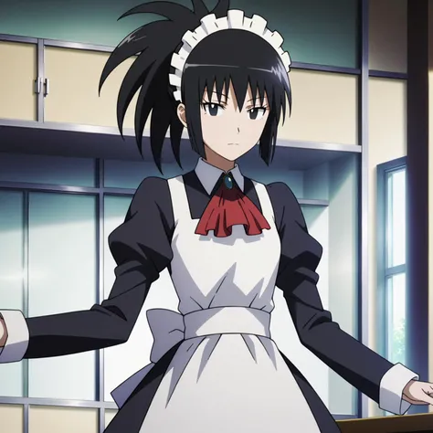 <lora:SayakaDejimaXLpony002>,
looking at viewer,
solo,
SayakaDejima,1girl,black hair,ponytail,black eyes,
maid_headdress,long_dress,red ascot,long_sleeves,apron,