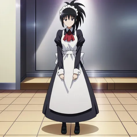 <lora:SayakaDejimaXLpony002>,
looking at viewer,
solo,
SayakaDejima,1girl,black hair,ponytail,black eyes,
maid_headdress,long_dress,red ascot,long_sleeves,apron,
full body,standing,