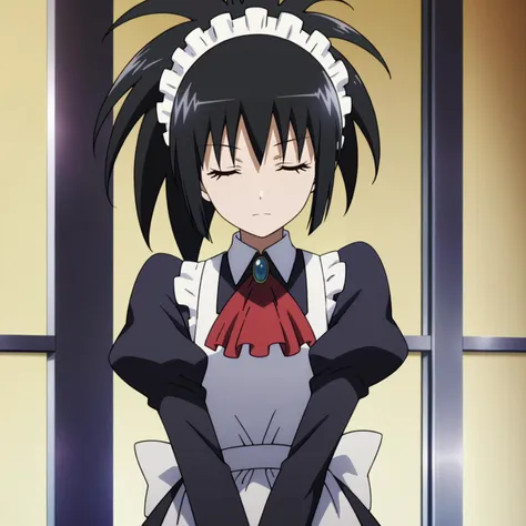 <lora:SayakaDejimaXLpony002>,
closed eyes,
solo,
SayakaDejima,1girl,black hair,ponytail,
maid_headdress,long_dress,red ascot,long_sleeves,apron,v arms,