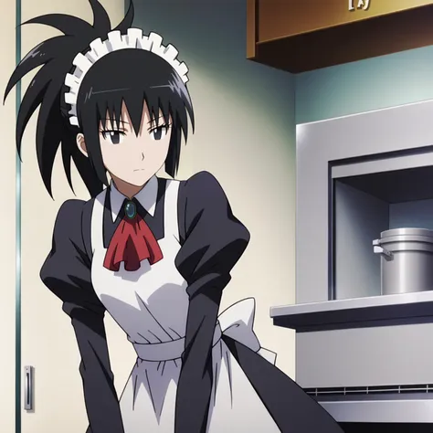 <lora:SayakaDejimaXLpony002>,
solo,
SayakaDejima,1girl,black hair,ponytail,black eyes,
maid_headdress,long_dress,red ascot,long_sleeves,apron,
standing,leaning_forward,