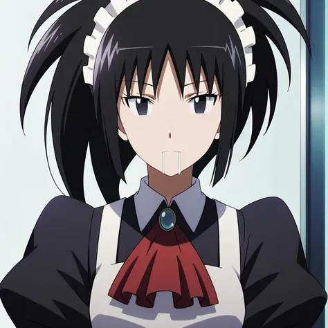 <lora:SayakaDejimaXLpony002>,
(salivation:1.5),looking at viewer,close-up,
solo,
SayakaDejima,1girl,black hair,ponytail,black eyes,
maid_headdress,long_dress,red ascot,long_sleeves,apron,