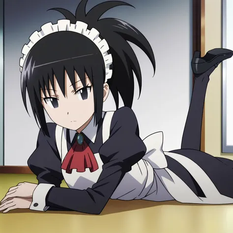 <lora:SayakaDejimaXLpony002>,
solo,
SayakaDejima,1girl,black hair,ponytail,black eyes,
maid_headdress,long_dress,red ascot,long_sleeves,apron,
on stomach,the_pose,