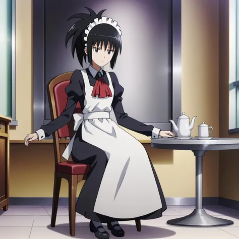 <lora:SayakaDejimaXLpony002>,
solo,
SayakaDejima,1girl,black hair,ponytail,black eyes,
maid_headdress,long_dress,red ascot,long_sleeves,apron,
full body,sitting,chair,