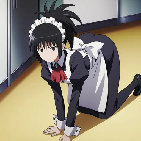 <lora:SayakaDejimaXLpony002>,
solo,
SayakaDejima,1girl,black hair,ponytail,black eyes,
maid_headdress,long_dress,red ascot,long_sleeves,apron,
all fours,