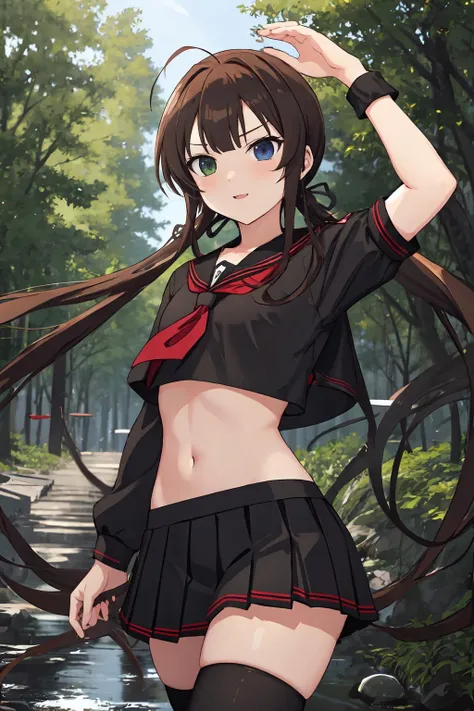 ryoubi \(senran kagura\), flat chest, black serafuku, black sailor collar, midriff, miniskirt, pleated skirt, black skirt, black thighhighs, wild forest
<lora:ryoubi:0.7>