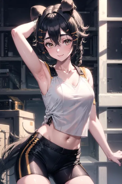 (8k, RAW Photo, Best Quality, Masterpiece:1.3),(Real,Photo:1.37),(Black Hair),Pose,1girl,Very Beautiful Face,Cute,(Small),(Put Your Hands Down))),Poggy Hairstyle,Random Expression,(White T-shirt),JK_style,(Track Shorts) ,Black Hair,(Age 19),Modest,Five Fingers,Normal Hands,Small Mouth,Straight Hair ,nude