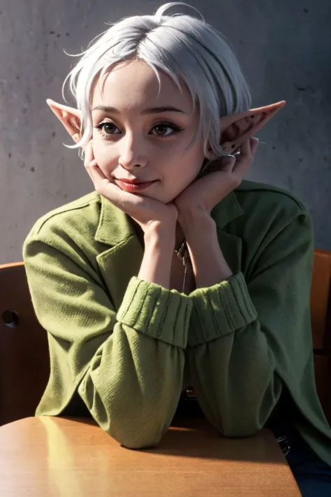 looking_at_viewer,Smile,
<lora:^2Sry5V:0.6>,
1girl,red eyes,short hair,white hair,elf,forehead,pointy ears,ahoge,short hair with long locks,bangs,sidelocks,
~,green collar,green capelet,green cape,(white jacket:1.1),buttons,long sleeves,white gloves,black belt,black pants,brown boots,
hands on own face,hands on own cheeks,head rest,elbows on table,upper body,
table,