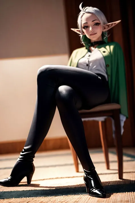 looking_at_viewer,Smile,
<lora:^2Sry5V:0.6>,
1girl,red eyes,short hair,white hair,elf,forehead,pointy ears,ahoge,short hair with long locks,bangs,sidelocks,
~,green collar,green capelet,green cape,(white jacket:1.1),buttons,long sleeves,white gloves,black belt,black pants,brown boots,
(sitting),crossed_legs,
indoors,chair,luxurious,
<lora:[uk]SJ[[Ro+h<.1670393268134119576:0.25>,
SEMI-REALISTIC ANIME,
