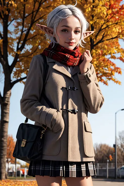 looking_at_viewer,Smile,
<lora:^2Sry5V:0.6>,
1girl,red eyes,short hair,white hair,elf,forehead,pointy ears,ahoge,short hair with long locks,bangs,sidelocks,
scarf,plaid scarf,coat,long sleeves,plaid skirt,pleated skirt,miniskirt,plaid,bag,
standing,holding,holding can,can,cowboy shot,
outdoors,day,sky,autumn,blue sky,tree,autumn leaves,leaf,maple leaf,