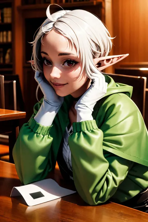looking_at_viewer,Smile,
<lora:^2Sry5V:0.6>,
1girl,red eyes,short hair,white hair,elf,forehead,pointy ears,ahoge,short hair with long locks,bangs,sidelocks,
~,green collar,green capelet,green cape,(white jacket:1.1),buttons,long sleeves,white gloves,black belt,black pants,brown boots,
hands on own face,hands on own cheeks,head rest,elbows on table,upper body,
table,
<lora:[uk]SJ[[Ro+h<.1670393268134119576:0.25>,
SEMI-REALISTIC ANIME,