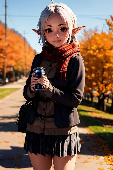 looking_at_viewer,Smile,
<lora:^2Sry5V:0.6>,
1girl,red eyes,short hair,white hair,elf,forehead,pointy ears,ahoge,short hair with long locks,bangs,sidelocks,
scarf,plaid scarf,coat,long sleeves,plaid skirt,pleated skirt,miniskirt,plaid,bag,
standing,holding,holding can,can,cowboy shot,
outdoors,day,sky,autumn,blue sky,tree,autumn leaves,leaf,maple leaf,
<lora:[uk]SJ[[Ro+h<.1670393268134119576:0.25>,
SEMI-REALISTIC ANIME,