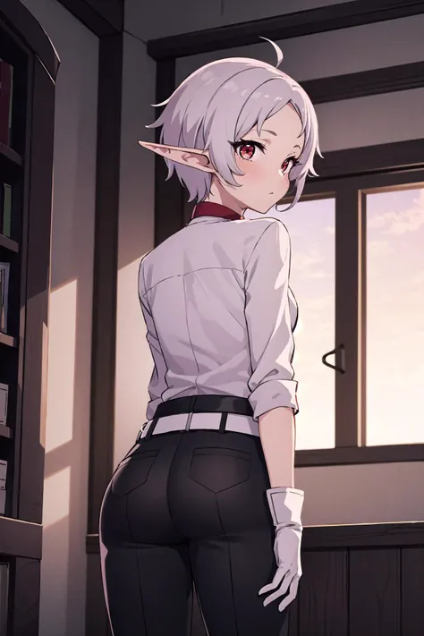 masterpiece, best quality,
1girl, solo,
<lora:sylphietteV2:0.7> sylphiette \(mushoku tensei\), red eyes, eyelashes, white hair, short hair, messy hair, forehead, ahoge, pointy ears, elf, small breasts,
sylphiettexf, choker, red choker, two-tone shirt, red shirt, white shirt, breast pocket, gloves, white gloves, belt, black belt, pants, black pants,
indoors, window, looking at viewer, from behind, looking back, twisted torso,
blush, nervous,
