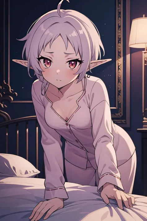 masterpiece, best quality,
1girl, solo,
<lora:sylphietteV2:0.7> sylphiette \(mushoku tensei\), red eyes, eyelashes, white hair, short hair, messy hair, forehead, ahoge, pointy ears, elf, small breasts,
sylphiettebb, pajamas, white pajamas, long sleeves,
indoors, bed, lamp, looking at viewer, leaning forward, downblouse, collarbone,
blush, nervous,
<lora:age_slider_v2:1.8>