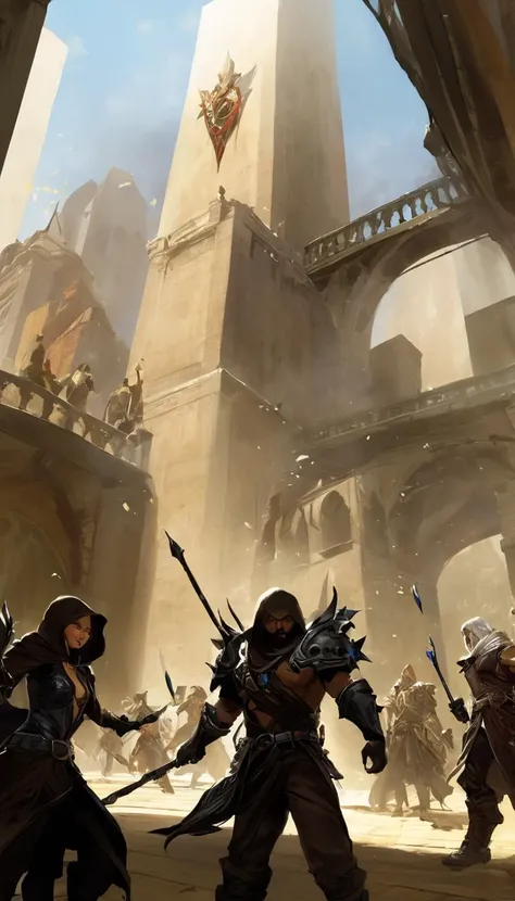Cinematic scene, hero view, a band of thieves infiltrate a secretive organization of mages, determined to uncover their secrets and expose them to the world, action pose, masterpiece, best quality, high quality, highres, absurdres, vivid, Guild Wars 2 <lora:guild_wars_xl_v4:1>