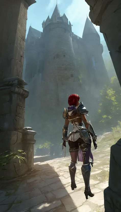Cinematic scene, a rogue thief infiltrates a heavily guarded castle in search of a powerful artifact, but is caught by the guards and must use all her cunning to escape, masterpiece, best quality, high quality, highres, absurdres, vivid, Guild Wars 2 <lora:guild_wars_xl_v4:1>