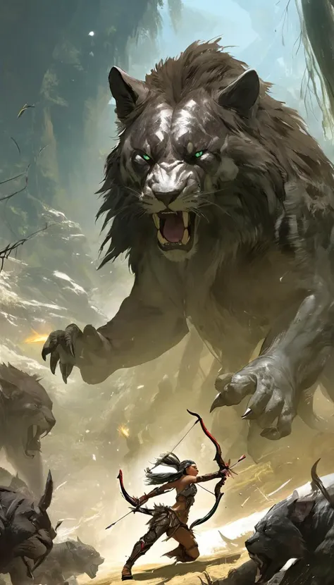 Cinematic scene, a skilled archer battles against fierce beasts and treacherous terrain in order to protect her tribe from a dangerous threat, masterpiece, best quality, high quality, highres, absurdres, vivid, Guild Wars 2 <lora:guild_wars_xl_v4:1>