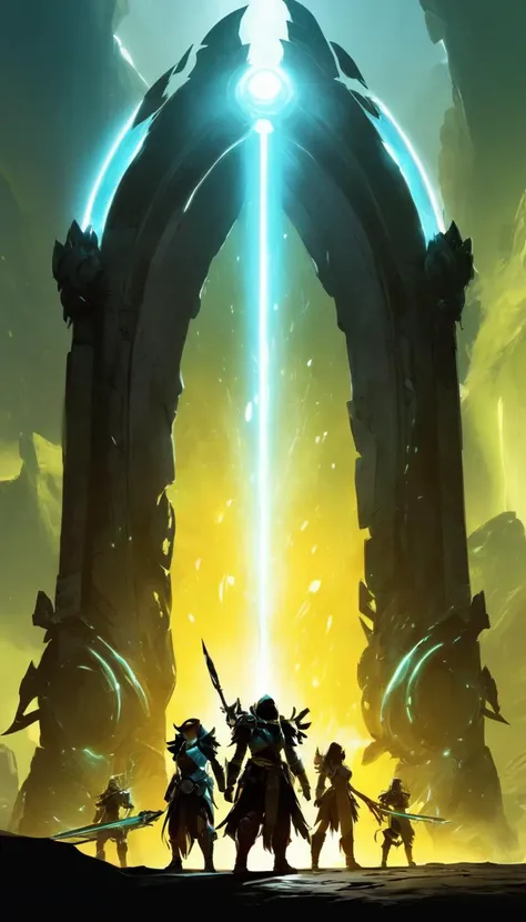Cinematic scene, a group of adventurers stand in front of a glowing portal, their weapons drawn and ready for battle. They step through the portal, eager to explore the unknown world beyond, masterpiece, best quality, high quality, absurdres, vivid, guild wars 2 <lora:guild_wars_xl_v3:1>