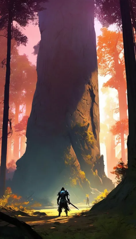 Cinematic scene, imagine a vast and mysterious forest, filled with ancient trees and towering cliffs. The sun sets behind the horizon, casting long shadows across the forest floor. A lone figure stands at the edge of the forest, their eyes fixed on the horizon, masterpiece, best quality, high quality, absurdres, vivid, guild wars 2 <lora:guild_wars_xl_v3:1>