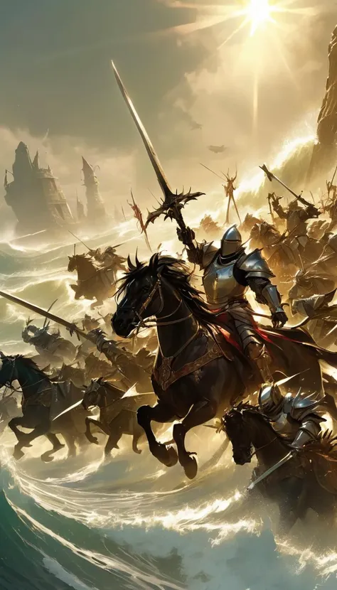 Cinematic scene, a group of knights ride into battle against a horde of monsters, their swords flashing in the sunlight as they cut down wave after wave of enemies. The battle rages on for hours until finally, the last monster falls to their blades, masterpiece, best quality, high quality, absurdres, vivid, guild wars 2 <lora:guild_wars_xl_v3:1>
