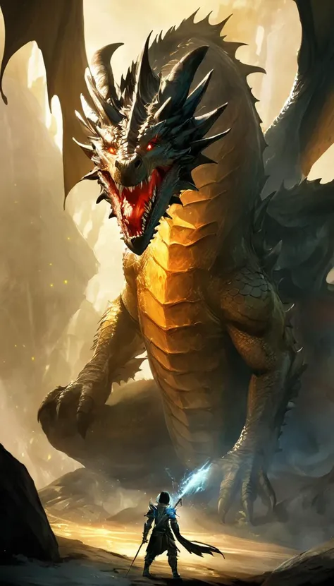 Cinematic scene, a young dragon slayer ventures into the heart of a dragon's lair, determined to slay the beast and claim its treasure, masterpiece, best quality, high quality, highres, absurdres, vivid, Guild Wars 2 <lora:guild_wars_xl_v4:1>