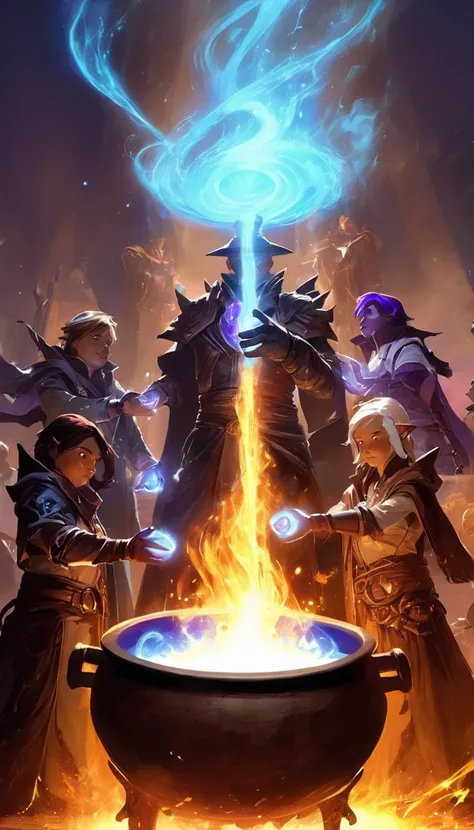 Cinematic scene, a group of mages gather around a cauldron, their hands glowing with arcane energy as they cast spell, masterpiece, best quality, high quality, absurdres, vivid, guild wars 2 <lora:guild_wars_xl_v3:1>