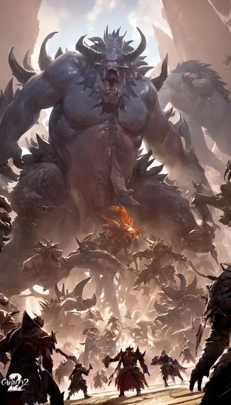 Cinematic scene, a guild battling a horde of monsters, detailed background, masterpiece, best quality, high quality, absurdres, guild wars 2 <lora:guild_wars_2_v0.0.1:1.5>