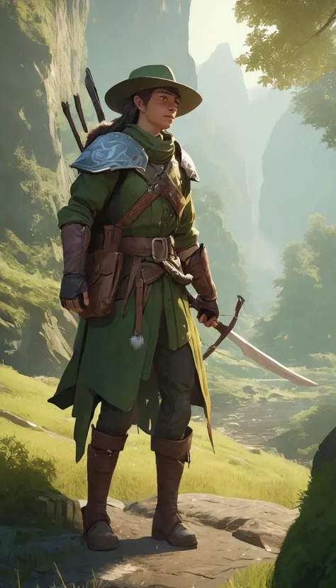 Cinematic scene, close-up, dnd ranger, nature, detailed background, masterpiece, best quality, high quality, absurdres <lora:guild_wars_2_v0.0.1:1>
