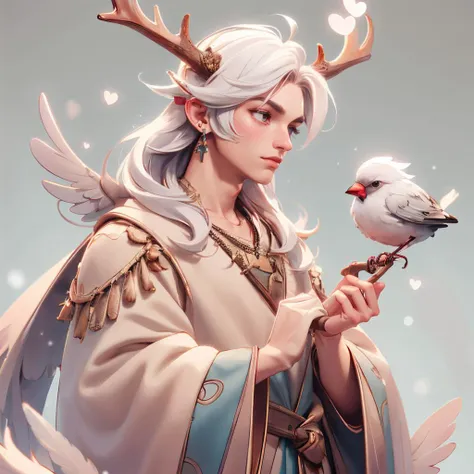 1girl, antlers, bare tree, bird, branch, feather hair ornament, feathers, gradient, gradient background, jewelry, long hair, long sleeves, male focus, multiple boys, necklace, snow, tree, white hair, wide sleeves, cupidtech, <lora:CupidTech-22:1>