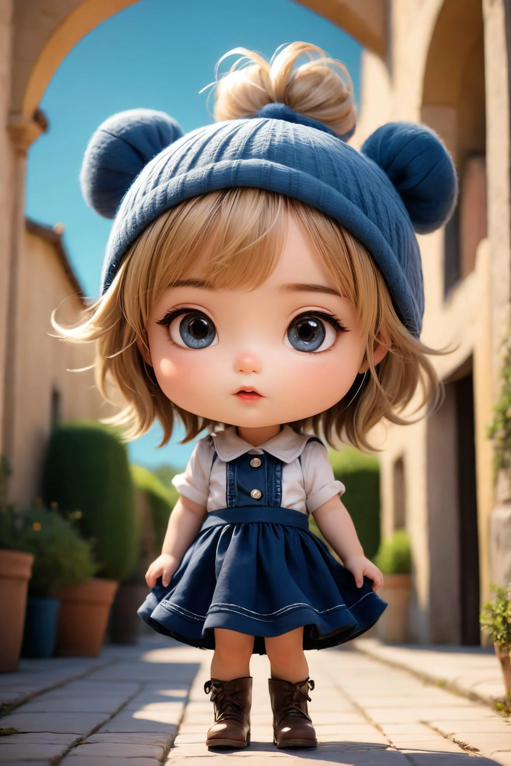 masterpiece,best quality,1girl,solo,cute,wide-eyed,chibi,,big head,Blonde hair,Space buns,Tricorn hat,Courtyard